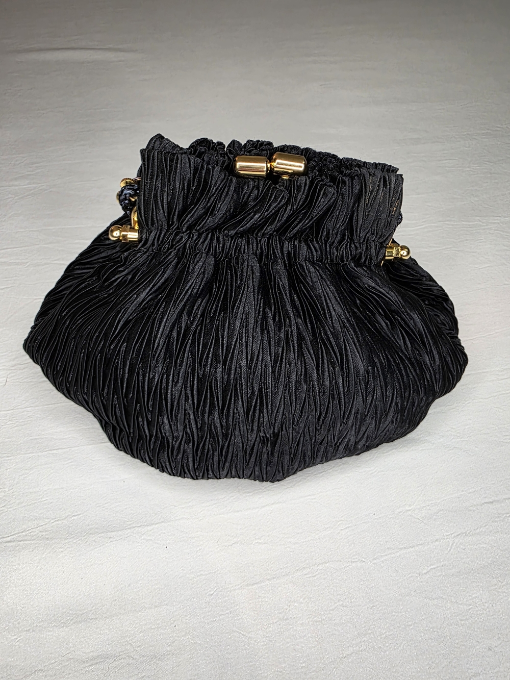 Whiting & Davis Black Ruched Evening Bag Gold Frame Crossbody